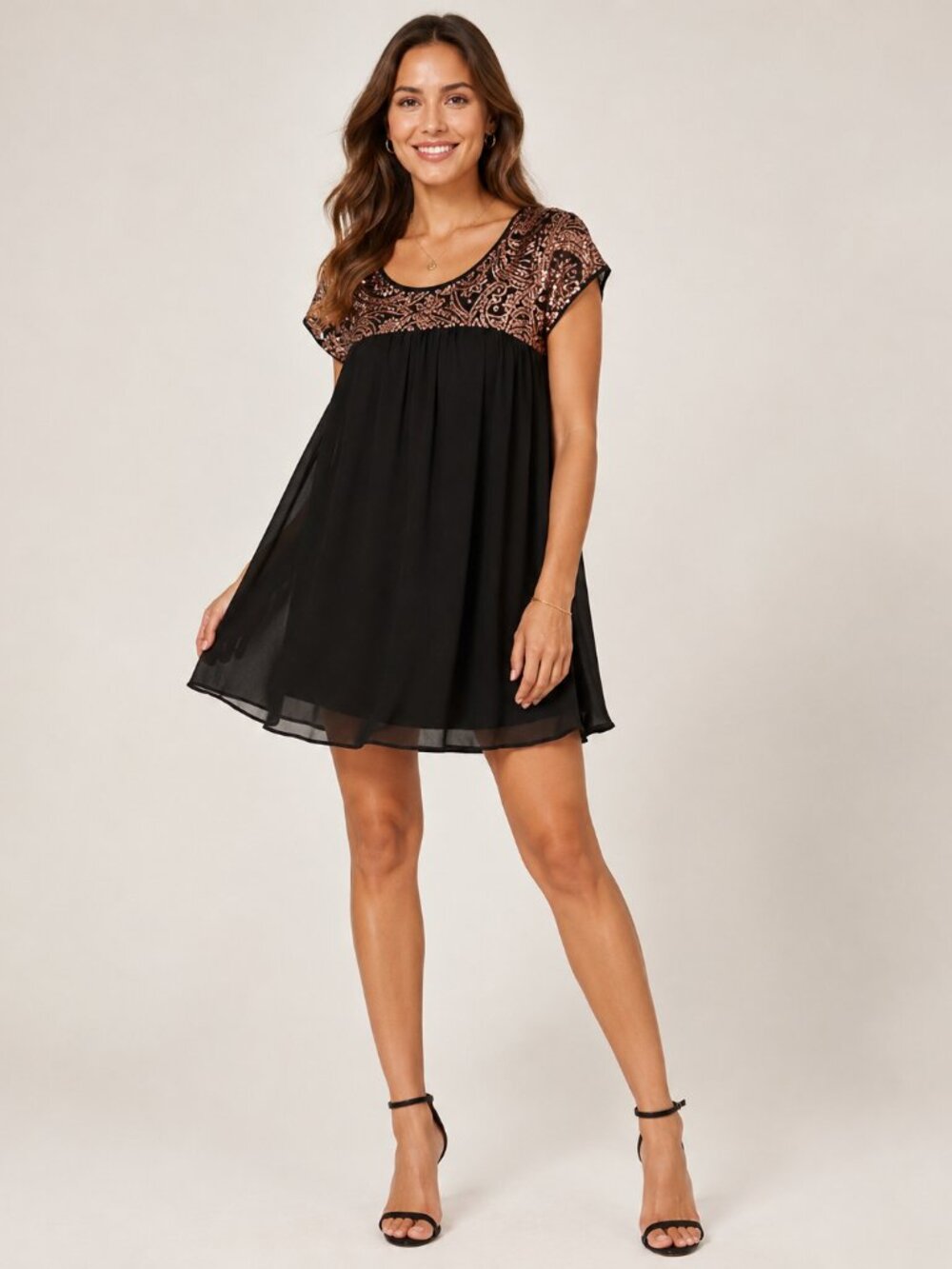 Vanilla Bay Black Rose Gold Sequin Paisley Babydoll Tunic Top Size M - Picture 1 of 8